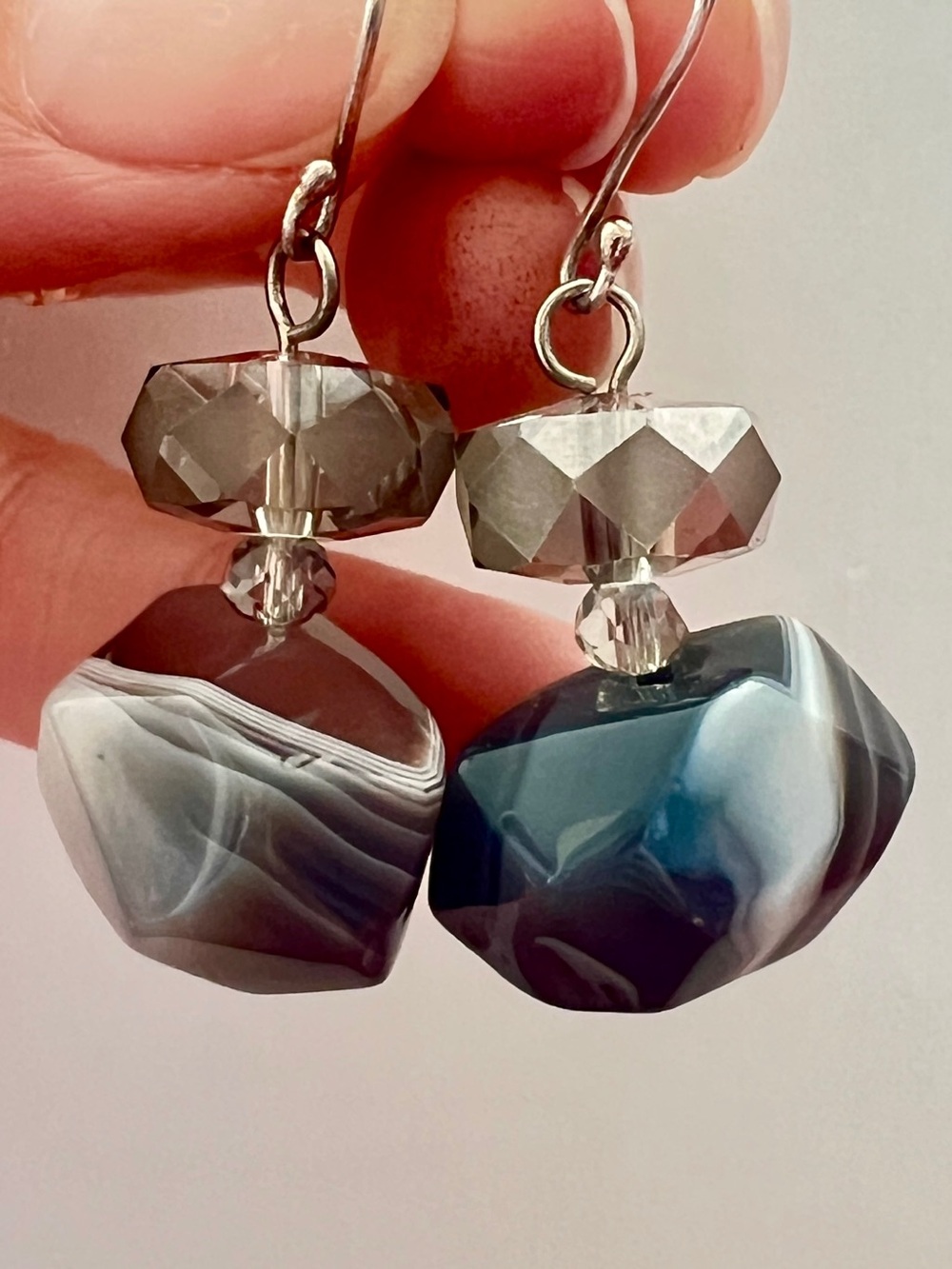 Banded Botswana Agate & Faceted Glass Handmade Blue Gray Polished Drop Earrings